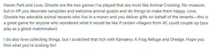 Users mention Animal Crossing-type games