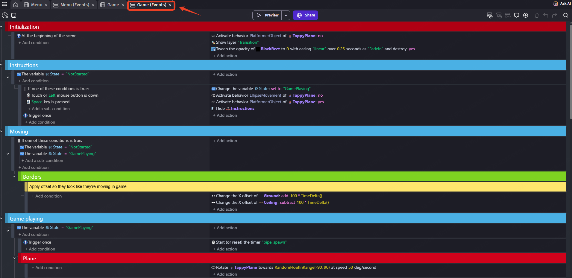 create game events on GDevelop