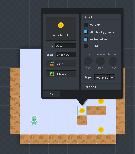 Creating a collectible coin object in the Flowlab level editor