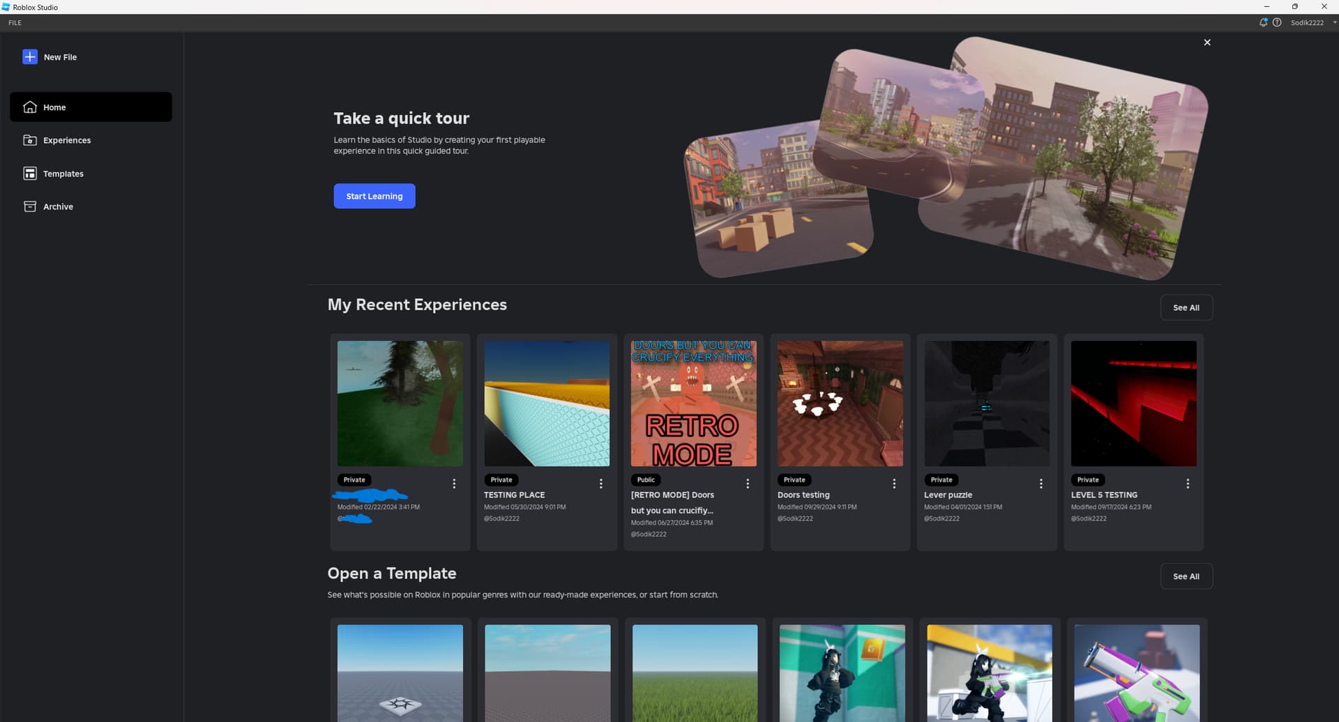 Roblox Studio home page