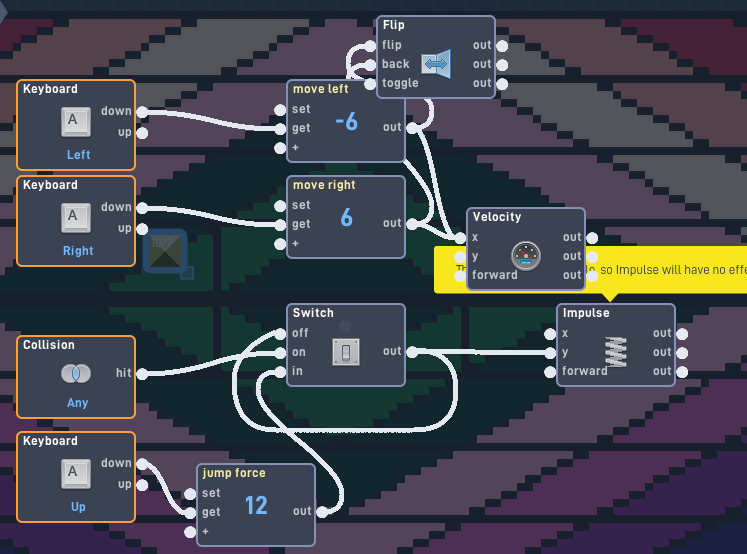 Flowlab keyboard controls for moving left, right, and jumping