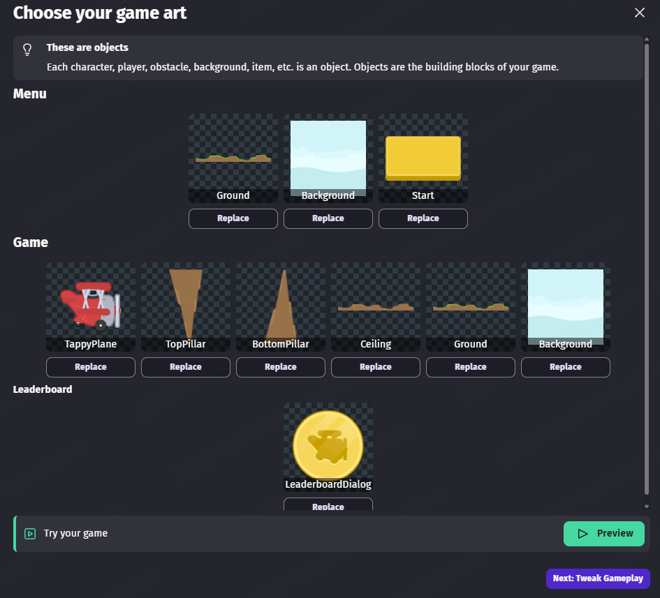 choose your game art on GDevelop