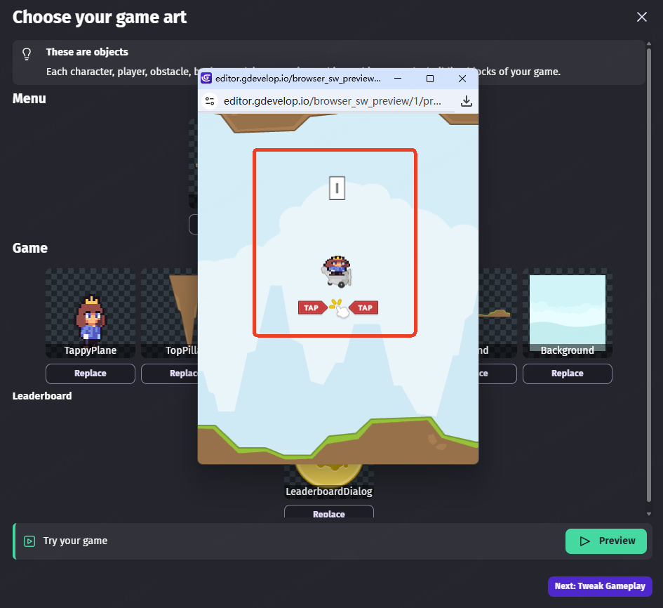 test movement of game on GDevelop