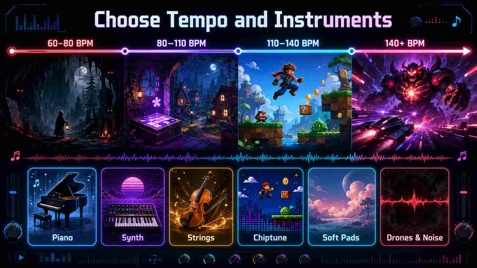 choose tempo and instruments for video game music