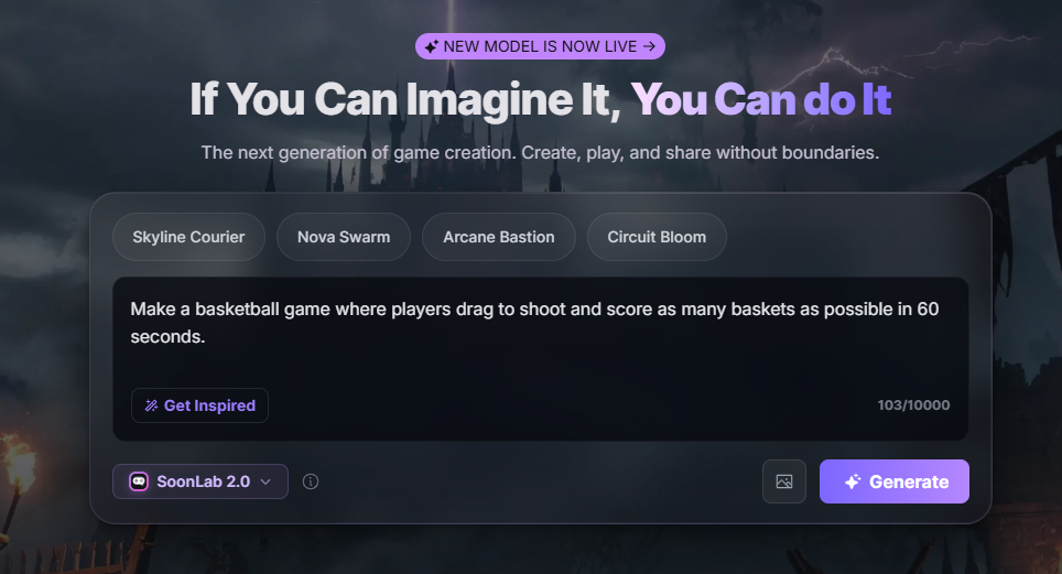 enter your sports video game idea into SoonLab