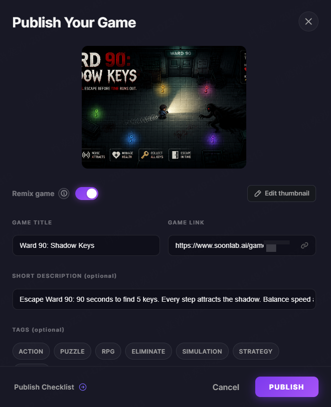 share and publish your game in SoonLab