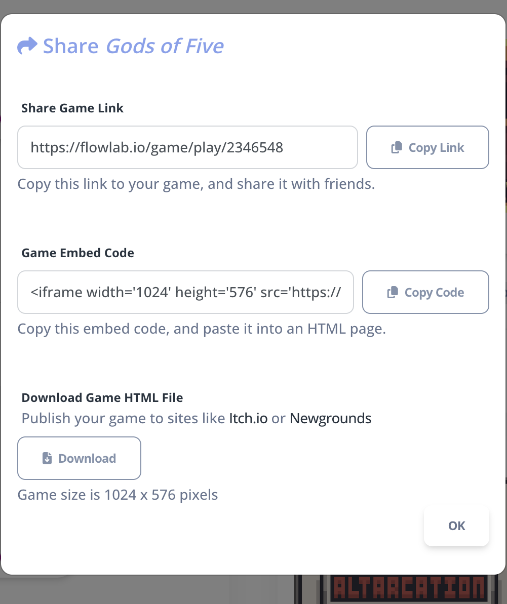 Flowlab sharing options with a game link, embed code, and HTML download