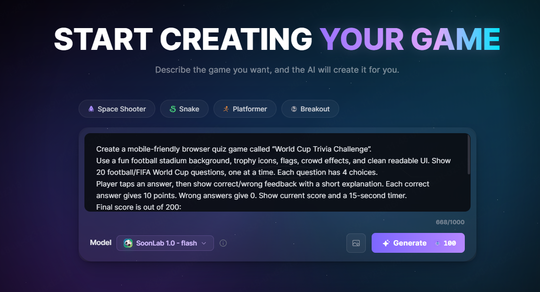 type your own game ideas on SoonLab