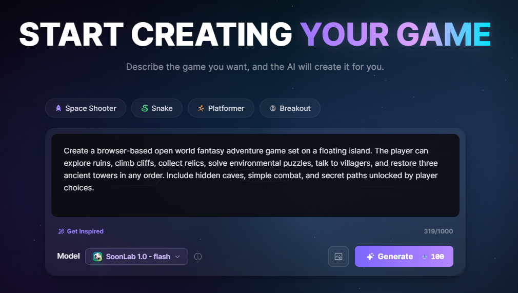 enter prompts into SoonLab create page